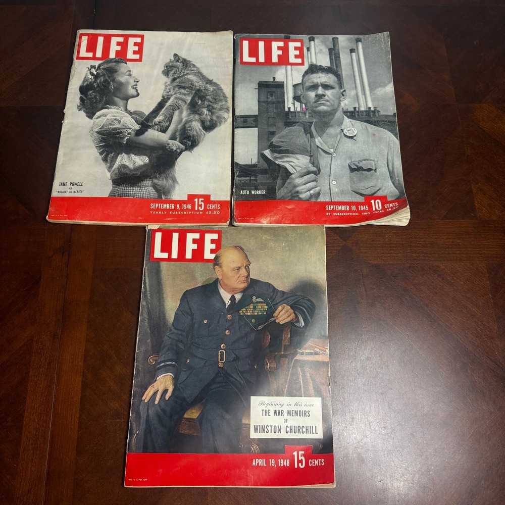 Vintage LIFE Magazine Lot 1945 1946 1948 Winston Churchill Jane Powell 3 Issues